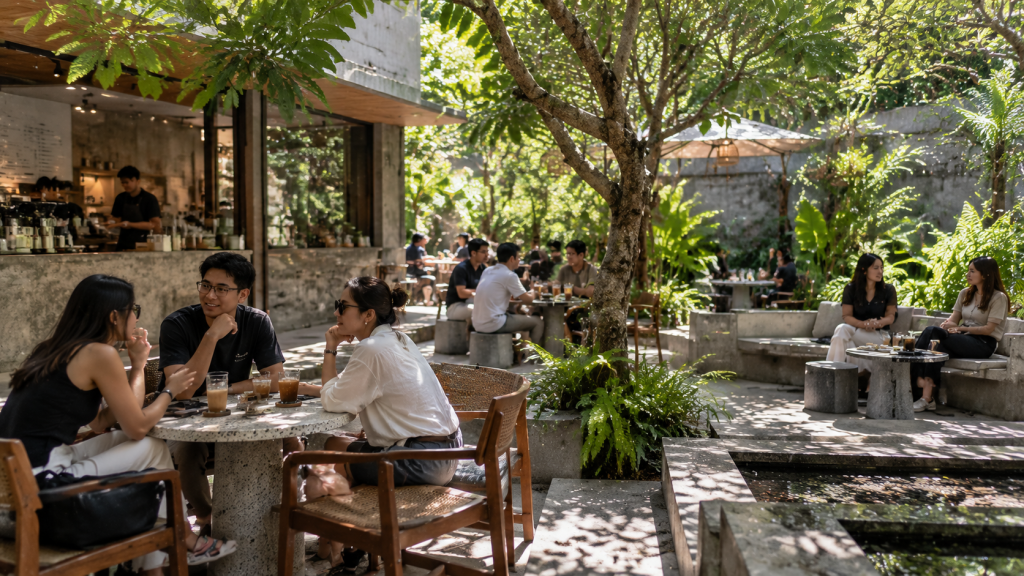 Komposisi meja luar ruang kafe tersembunyi di Jakarta Selatan dengan ragam sajian kopi artisanal dan camilan.