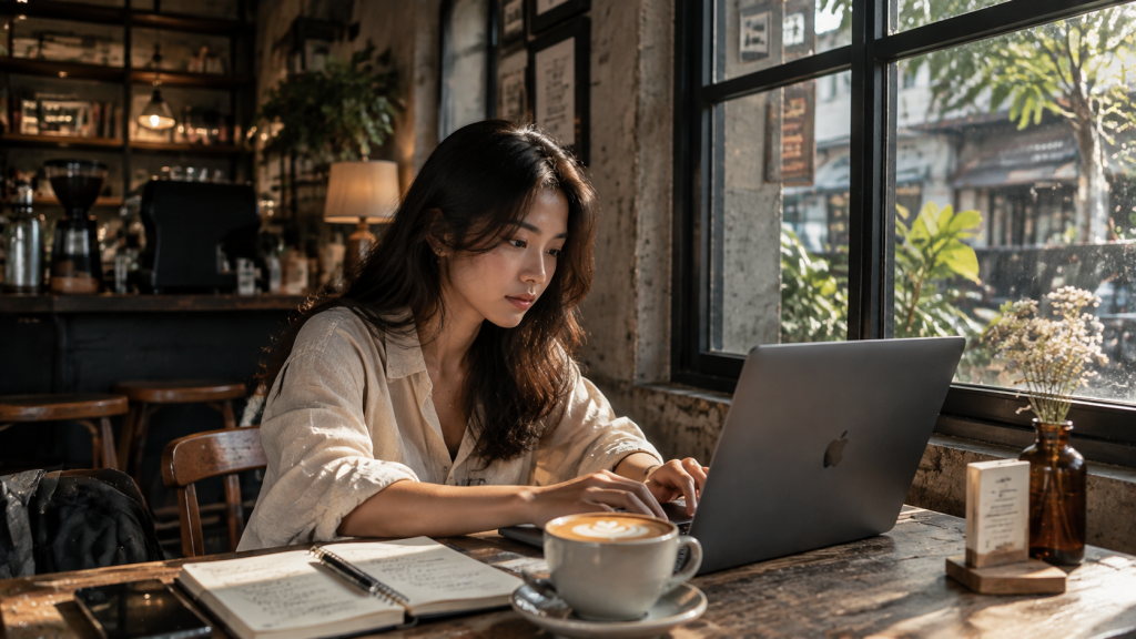 Pekerja kreatif memanfaatkan suasana hening kafe tersembunyi untuk bekerja dengan laptop dan secangkir kopi.
