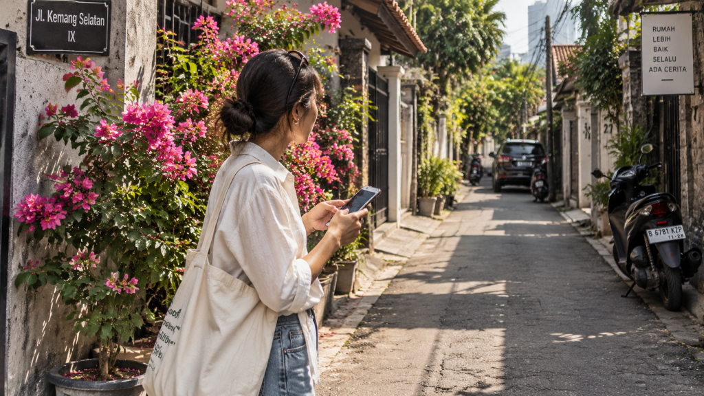Pengunjung mengamati navigasi ponsel saat mencari rute kedai kopi di gang kecil pemukiman Jakarta.