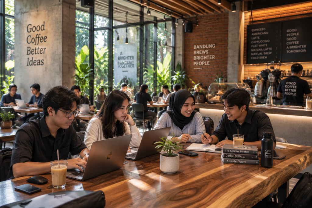 Anak muda urban bekerja dan berkumpul di meja komunal kedai kopi modern berkonsep ruang ketiga.