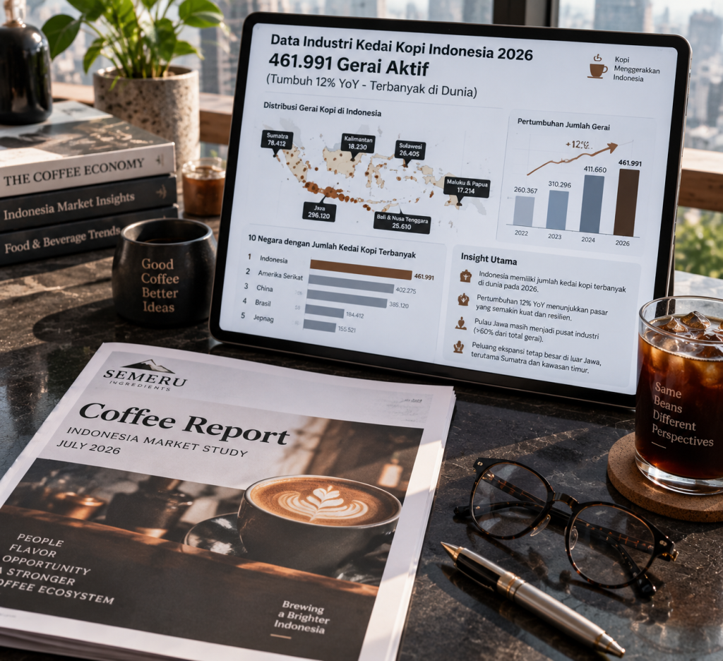Tablet menampilkan grafik data statistik 461.991 gerai kopi di Indonesia sebagai yang terbanyak di dunia.