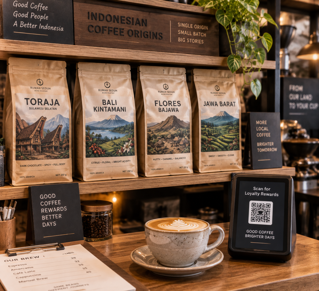 Jajaran kemasan biji kopi sangrai specialty dari berbagai daerah Nusantara di rak kedai kopi independen.