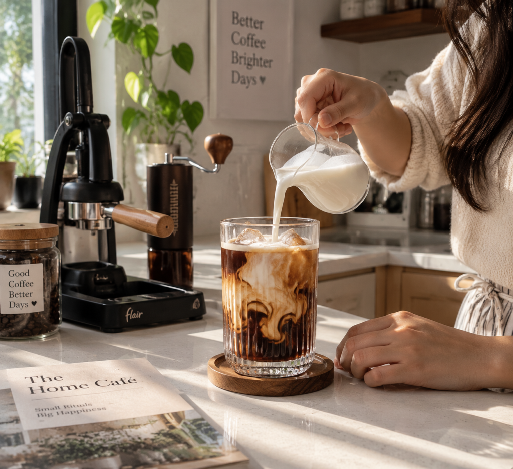 Pembuatan racikan es kopi susu estetik di meja dapur rumah mencerminkan tren home cafe Gen Z.