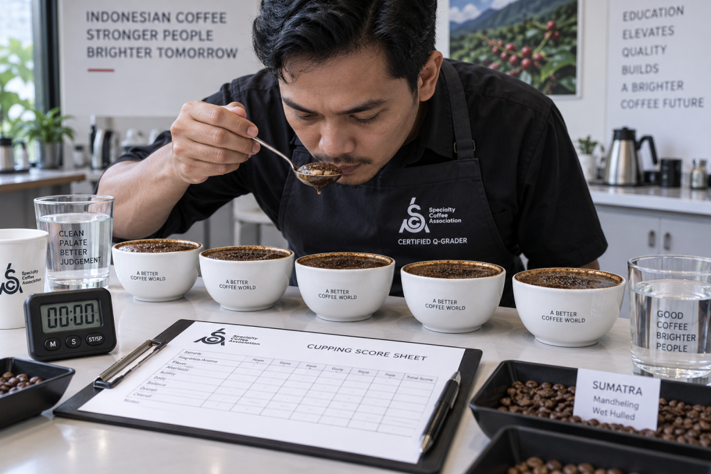 Sesi uji rasa kopi coffee cupping menggunakan mangkuk keramik dan sendok perak di laboratorium sangrai.